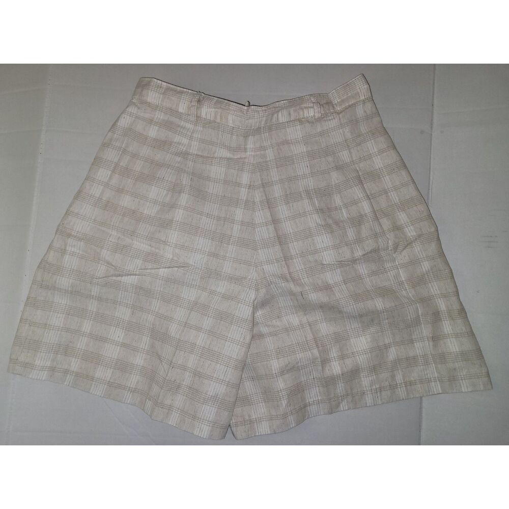 Vintage Style Gingham Plaid Pleated Shorts Tan Beige White Size16